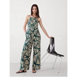 Banana Republic Teal and Cream Leaf Print Jumpsuit